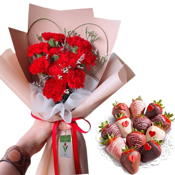 red carnations and strawberries
