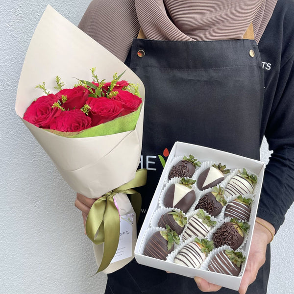 ABIGAIL Red Rose Bouquet and Chocolate covered Strawberries