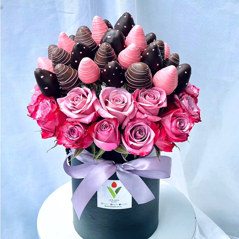 AADEN (PURPLE) - Fresh Purple Rose combo with chocolate dipped strawberries in box