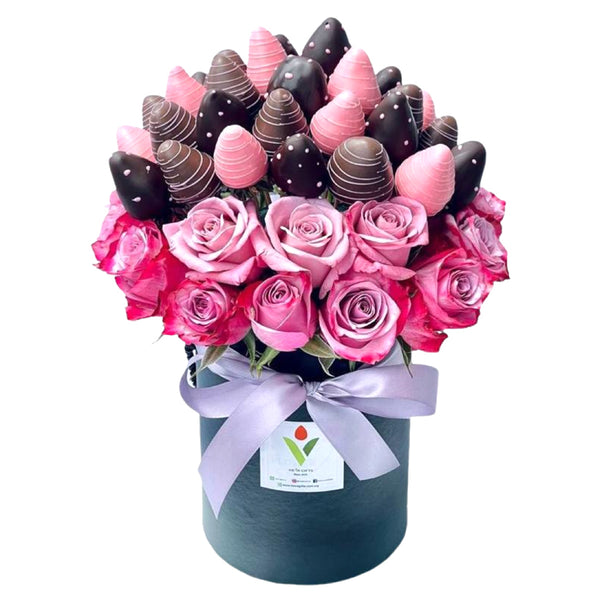 AADEN (PURPLE) - Fresh Purple Rose combo with chocolate dipped strawberries in box