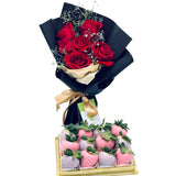 Rose bouquet and chocolate dipped strawberries gift