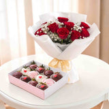 Anara red rose bouquet and chocolate strawberries gift set by Heva Gifts