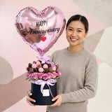 NOIR PURPLE ROSE and CHOCOLATE STRAWBERRY BOX WITH HEART FOIL BALLOON