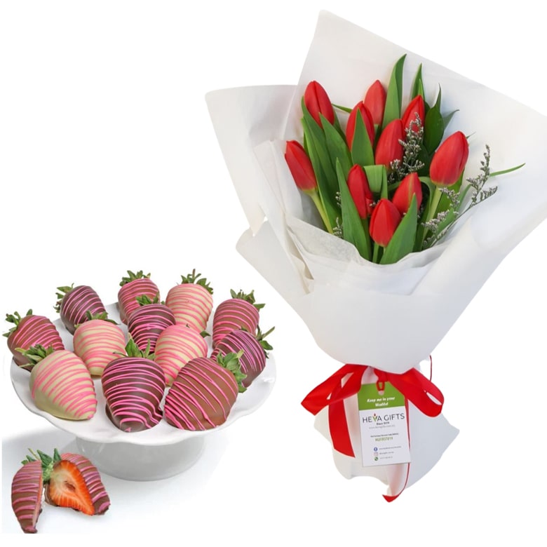 red tulips and chocolate strawberries