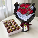 Aziz red rose chocolate strawberry gift set black wrap JB florist Heva Gifts