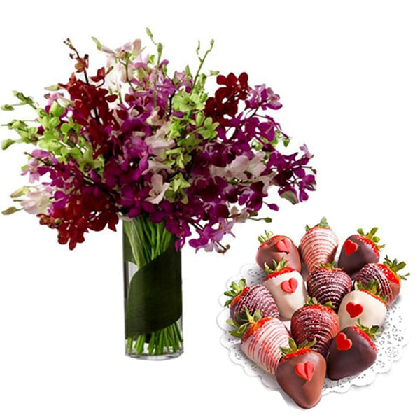 Cut fresh orchids and chocolate covered strawberries