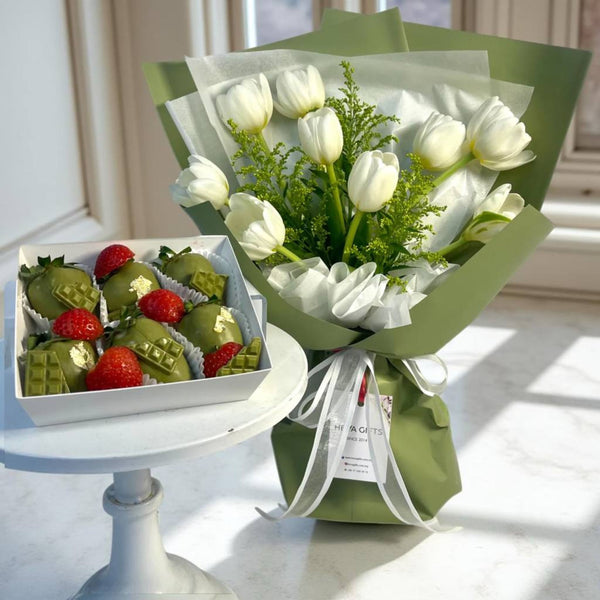 CALANDRA Tulips and Matcha Chocolate Covered Strawberries Set