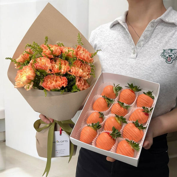 CATH GIFT SET - Orange Carnations and Choco dipped Strawberries