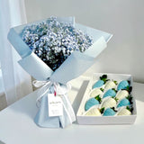 Georgia blue baby's breath chocolate strawberry gift set birthday flower delivery KL Heva Gifts