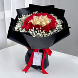 Goran red rose Ferrero Rocher bouquet matte black wrap PJ florist Heva Gifts