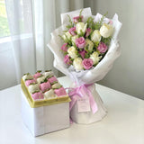 Nazra purple and white rose bouquet with chocolate set anniversary gift Malaysia