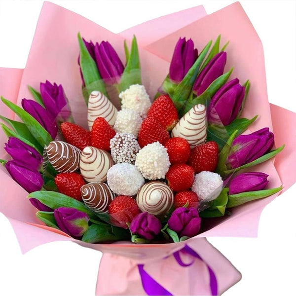 Olivia Purple Tulips and Chocolate covered Strawberries
