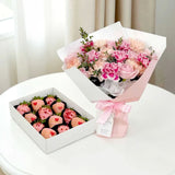 Pink Elegance pastel rose carnation chocolate strawberry gift set Mother's Day flower delivery KL Heva Gifts