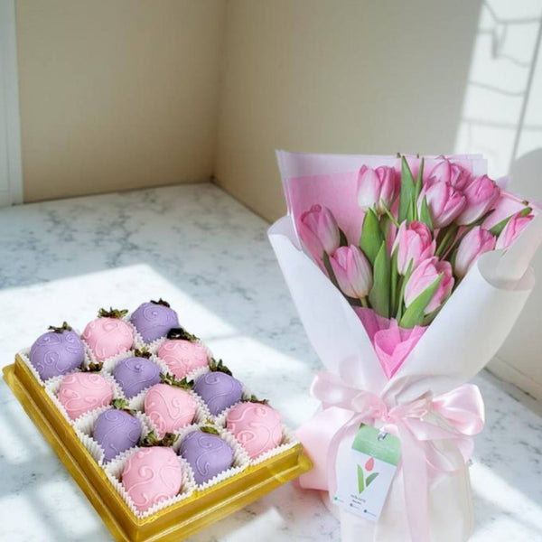 PINK LOVE Gift Set -  Tulips and Chocolate Covered Strawberries