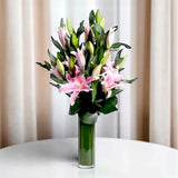 Selina pink lilies in glass vase get well soon flower delivery Selangor Heva Gifts