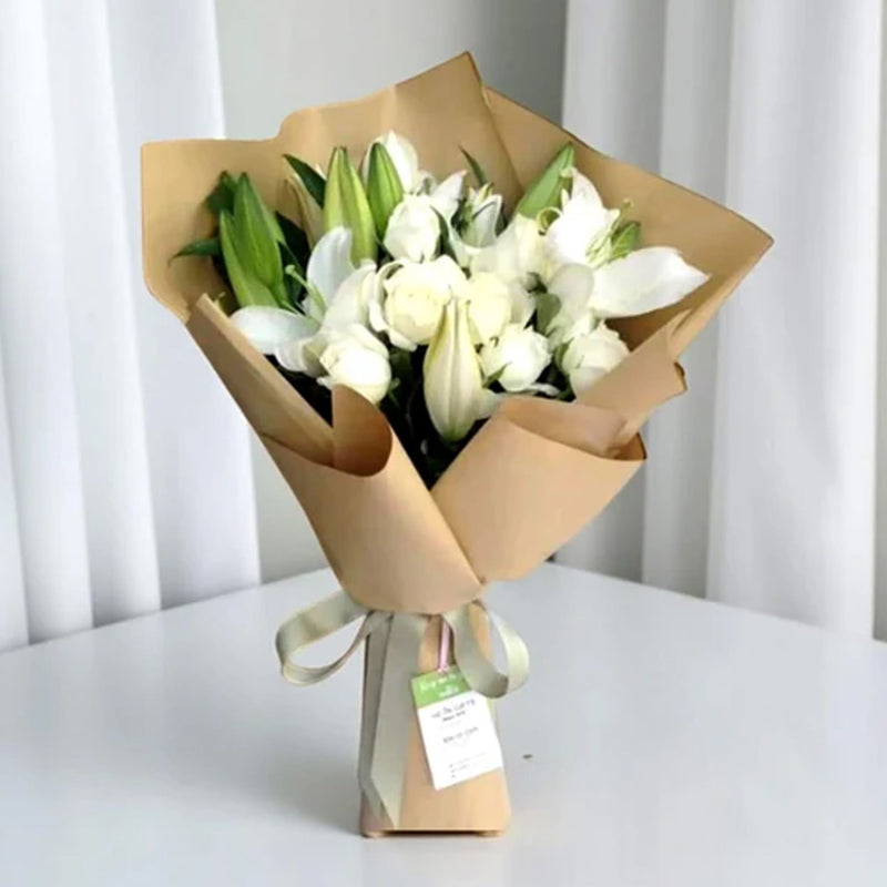 white lily and white rose bouquet WHITE WONDER Lily & Rose Bouquet | Wedding Florist PJ