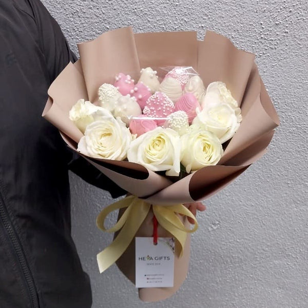 ESTHER White Rose Bouquet and chocolate covered strawberries