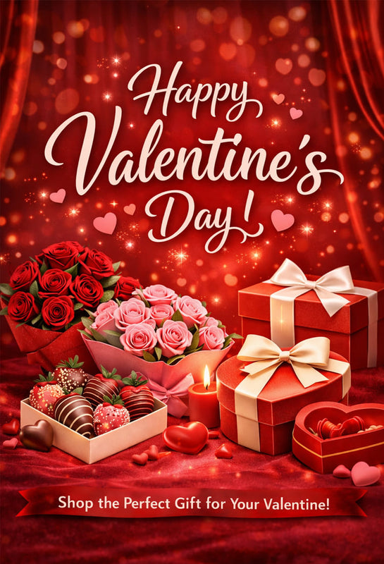 Valentine's Day-themed promotional image with flowers, chocolates, and gift boxes on a red background.